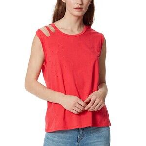 Frayed Women's Sleeveless Distressed Cold Shoulder T-Shirt Teaberry Size XS